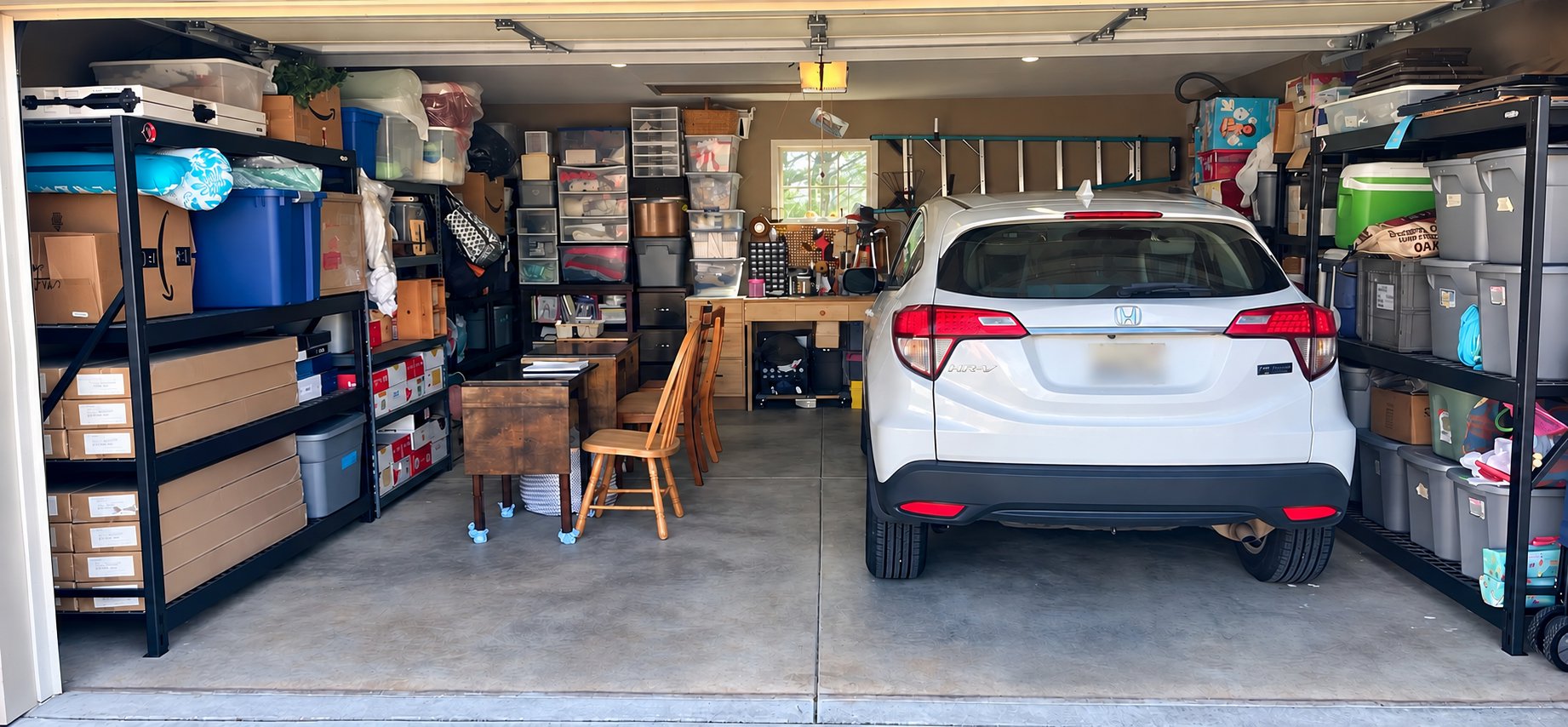 After: the same garage organized with items on shelving along the walls and a white SUV parked inside